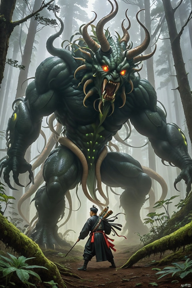  In this picture, we can see a cultivator and a fierceMiaojiang worm engaged in a fierce confrontation. Theworms are huge in size and covered with a hard shellexuding the aura of beasts in the forest. Practitionerswield magic weapons and used martial arts techniquesto constantly attack worms. The surrounding scene is alsofull of mysterious atmosphere, and hissing and strangebreaths are heard from time to time in the vast mountainforest. The author of this painting is the famous fantasypainter MichaelWhelan