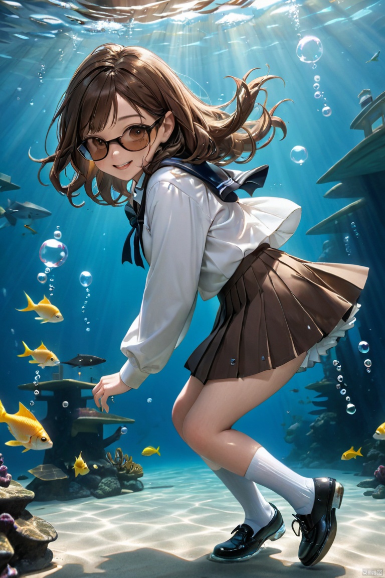 smile, fish, solo, skirt, socks, shoes, brown hair, pleated skirt, knee-length skirt, school uniform, looking at audience, black shoes and socks, leaning forward, white socks, full-length, realistic, long-sleeved, brown eyes, mini-skirt, bubbles, foam, brown eyes, underwater, looking at audience, grinning, brunette, water, floating hair, sunglasses, animal, swimming, underwater, brown hair 