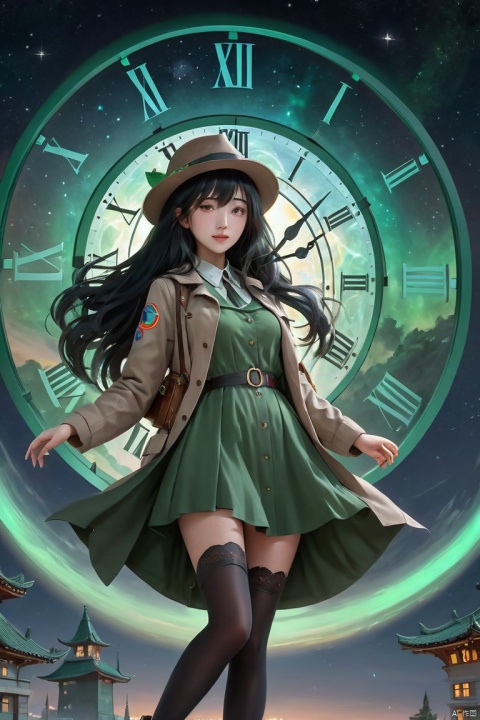 (masterpiece),best quality,highres,stunning art,beautifully painted,colorful,(rim light:1.2),4K wallpapper,fantasy,(panorama),(huge circular flowing round_ramed_clock background),through space,(huge circular flowing transparent hollow round_ramed_clock  on top:1.3),complete round_ramed_clock,(((circular surround floating cityscape landscape))),solo,1girl,slim,sitting_invisible_chair,gentle smile,(black thighhighs),long black hair,blunt bangs, green eyes,(khaki fedora), khaki coat,long light-green dress, light-greenshoes,space background,starry_sky,galaxy,red moon