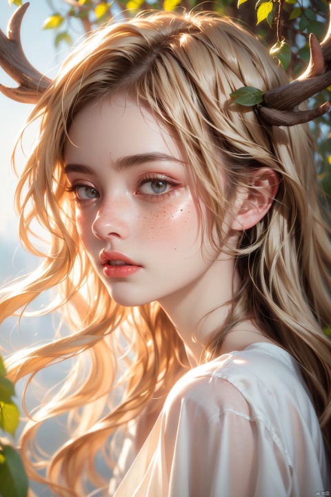  Vintage portrait, photography style, soft focus, pure face,Deer, girl, antlers, vine with leaves, Blonde hair, European and American advanced face, freckles, Detailed light and shadow, Wind, (Strong Sunshine),Two plaits, The forest,Front light source,
, 1girl