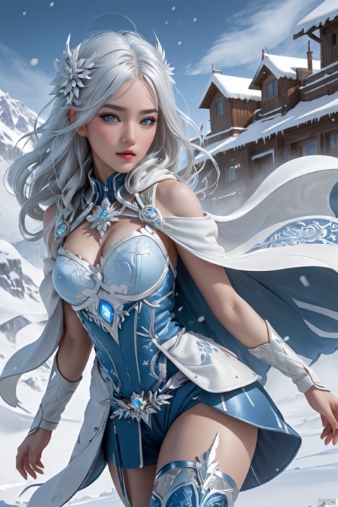 Illustrate a girl with the power of ice, featuring ice-white hair and clothing, set in a snowy landscape. Emphasize (((intricate details))), (((highest quality))), (((extreme detail quality))), and a (((captivating winter composition))). Use a palette of cool blues and whites, drawing inspiration from artists like Artgerm, Sakimichan, and Stanley Lau,midjourney