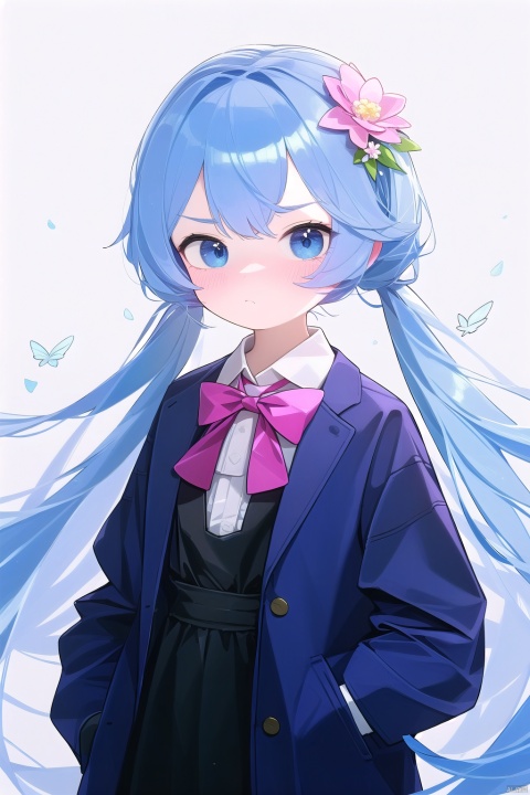  (best quality), ((masterpiece)), (highres),standing,original, extremely detailed wallpaper, (an extremely delicate and beautiful),(loli),(petite),purple+ blue hair,blue eyes, (long Jacket),twintails,white collared shirt,hair flower,very long hair,floating hair,Frown,hands in pockets,black dress,red bowtie,(solo), hoshi (snacherubi),crystal
