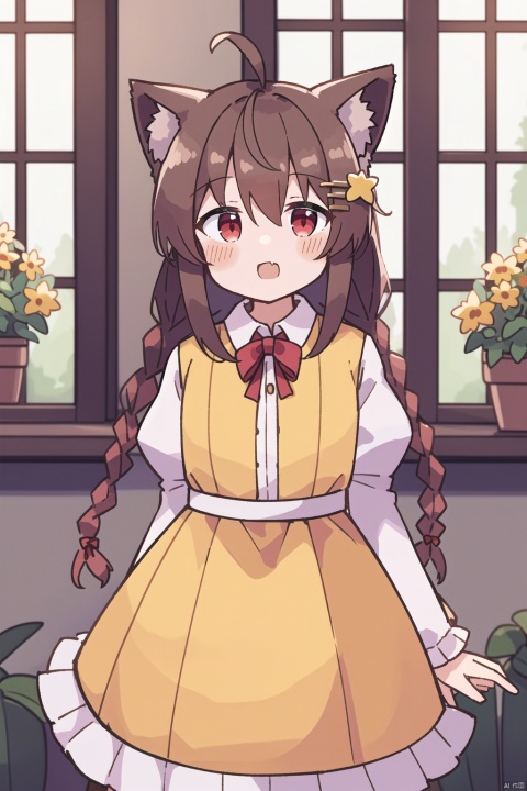  1girl, animal ears, shirt, solo, hair ornament, white shirt, braid, flower, twin braids, red eyes, animal ear fluff, long hair, yellow flower, hairclip, dress, long sleeves, holding, green dress, collared shirt, sleeveless dress, bangs, striped, smile, :d, ribbon, puffy sleeves, hair flower, puffy long sleeves, open mouth, bow, twintails, blush, sleeveless, fang, looking at viewer, potted plant, blush stickers, hair ribbon, plant, hair between eyes, flower pot, window, striped bow