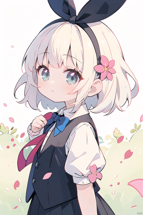  masterpiece, best quality, highres,(child),1girl, solo, short hair, bow, bowtie, shirt, short sleeves, cherry blossoms, vest, upper body, white shirt, hairband, green vest, looking at viewer, green eyes, white hair, bangs, closed mouth, ribbon, holding petal, flower, hair ribbon, collared shirt, hitodama, black ribbon, hand up, petals, puffy short sleeves, puffy sleeves, breasts, pink flower,(child), [from side] 