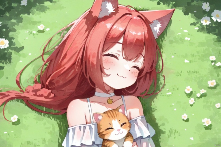 watercolor,oilwillystyle,1girl, loli,loli,loli,loli,animal ears, closed eyes, cat ears, cat, long hair, flower, on back, animal ear fluff, solo, lying, blush, red hair, white dress, bare shoulders, closed mouth, smile, dress, white flower, off shoulder, upper body, cat girl, choker, off-shoulder dress, facing viewer, pink flower, animal, grass, white choker, outdoors, ^_^,grossissementdedeuxcentsoixantepourcent_portrait,grossissementdedeuxcentsoixantepourcent_portrait,grossissementdedeuxcentsoixantepourcent_portrait,grossissementdedeuxcentsoixantepourcent_portrait,grossissementdedeuxcentsoixantepourcent_portrait,grossissementdedeuxcentsoixantepourcent_portrait,grossissementdedeuxcentsoixantepourcent_portrait,grossissementdedeuxcentsoixantepourcent_portrait, :3,holding cat,organge cat,starship,scenery