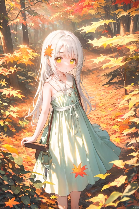 wallpaper,colorful,Tyndall effect,(autumn maple forest:1.3),(very few fallen leaves),(path),stars,flower sea,starry sky,flowers meadows,Dreamy forest,strong rim light, 1girl, bare shoulders, white hair, blinking, white dress, closed mouth, constel lation, yellow eyes, flat color, braid, blinking, white robe, float, closed mouth, constel lation, flat color, looking up, standing, medium hair, standing, solo,