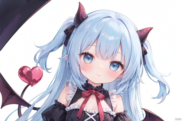 close up, closed mouth, 1girl, blue hair, :), blue eyes, two side up, demon horn,demon wings,demon tail,loli,loli,loli,loli,loli,loli,loli,loli,loli,loli,lolita girl,dress,fur,folded,frill