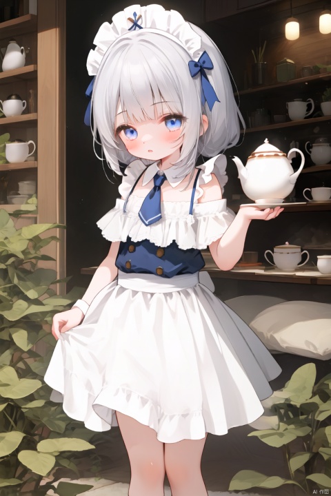  1girl, solo, white knee sock, thigh, blue_eyes, standing, shy, silver hair, maid, bare_shoulder, serving tea, tea