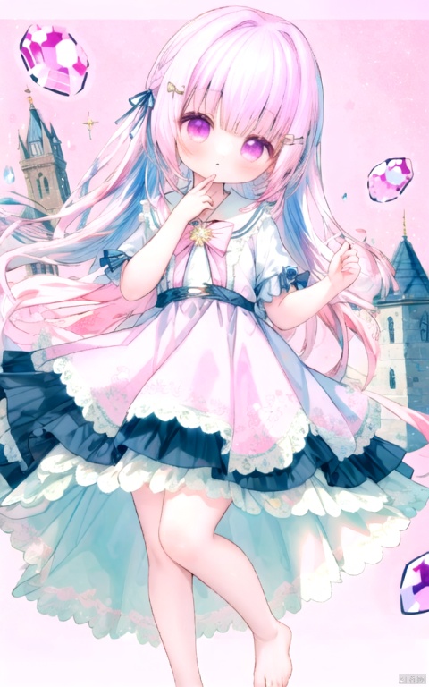  best_quality, extremely detailed details, loli, loli, loli, female child++, solo, 1 girl, pink hair, very long hair, pretty frill uniform with gem, multi layered dress, dynamic angle, very_long_hair, sparkles, pink gemstone, pink gem, hair ornament, braid, barefoot, standing, head tilt, (castle background), bl-ku, cute0000