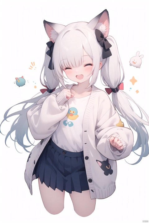  1girl, loli, loli, loli, loli, catgirl, white hair, blue eyes, solo, twintails, blush, smile, shirt, white shirt, long shirt, ^ ^, white cardigan, cardigan, closed one eyes, collarbone, cropped legs, long sleeves, sleeves past fingers, sleeves past wrists, upper teeth only, teeth, white background, best quality, amazing quality, very aesthetic, absurdres, 30710,