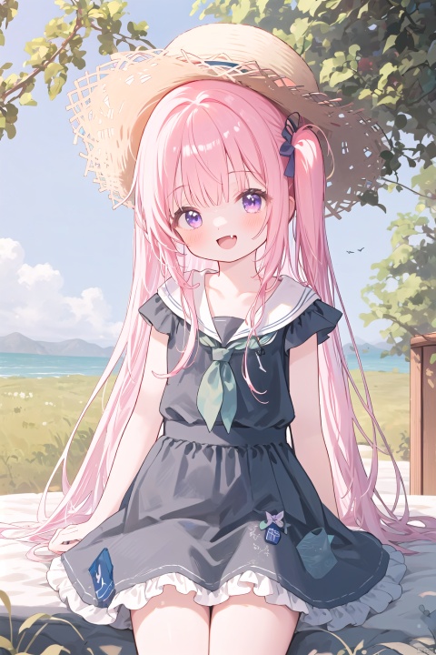  (very long hair,cowboy shot,loli,loli,loli:1),1girl,loli, loli, loli, female child, dress, happy, pink hair, head tilt,solo,long hair, excited, sleeveless dress,hat,sitting,purple eyes,white dress,sailor collar,sleeveless,frilled sailor dress,smile,looking at viewer,fang,outdoors,arm up,collarbone,;d,blue sailor collar,bangs,very long hair,bare shoulders,headwear removed,straw hat,two side up,hat removed,cup,sunlight,