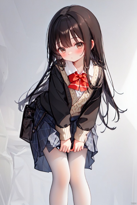  1girl, solo, pantyhose, skirt, very long hair, no shoes, simple background, white school sailor collor uniform, brown eyes, plaid, white pantyhose, plaid skirt, looking at viewer, black hair, white pantyhose pull, full body, clothes pull, pleated skirt, leaning forward, bangs, long sleeves, bent over, cardigan, bow, bowtie, standing, closed mouth, pulled by self, grey background, blush, miniskirt, red bow, sweater, undressing, backlight, panties under pantyhose