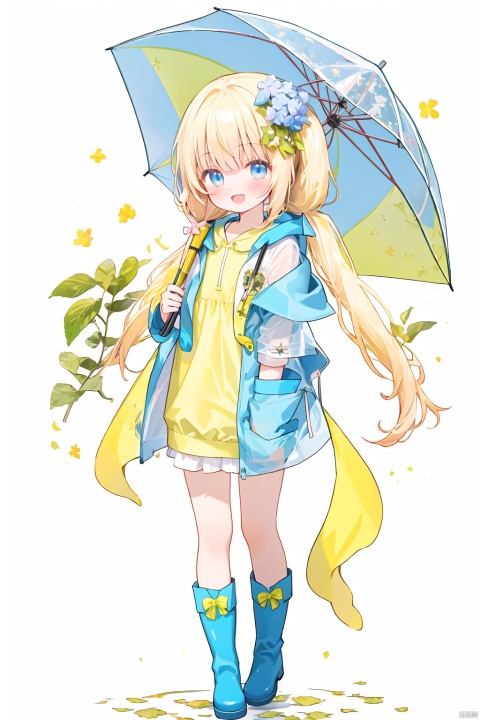  1girl,rainbow,raincoat,yellow raincoat,rubber boots,hydrangea,flower,long hair,twintails,boots,blush,umbrella,open mouth,hair ornament,white background,hood,solo,teruterubouzu,very long hair,hood up,long sleeves,low twintails,bow,bangs,smile,animal hood,blue eyes,rabbit,closed umbrella,puddle,full body,:d,snail,yellow footwear,simple background,pink flower,standing,leaf umbrella,holding umbrella,food-themed hair ornament,hair bow,animal ears,holding,blonde hair,hair flower,rain,animal,clpstyle,cuteloli