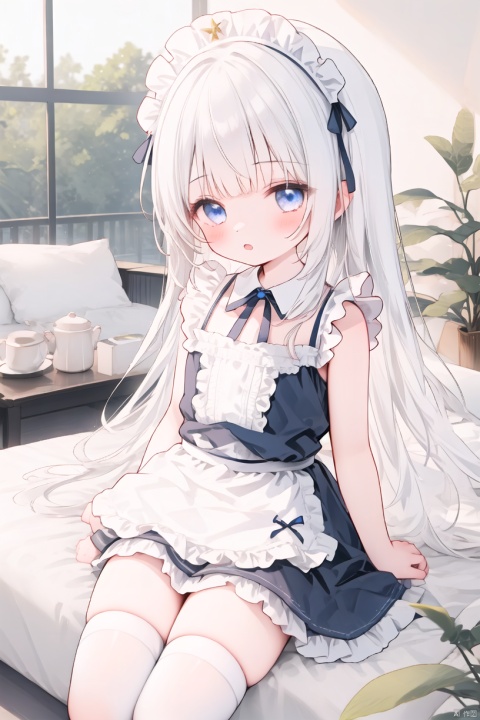  1girl, solo, naked_thighhighs, blue_eyes, sitting, white hair, maid
