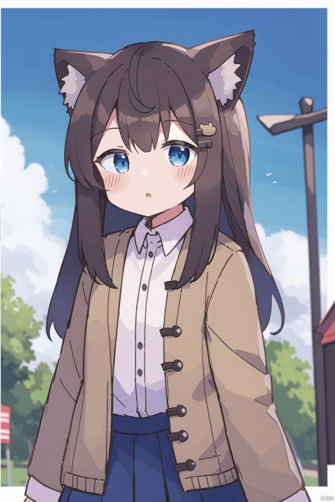  solo, 1girl, shirt, white shirt, animal ear fluff, outdoors, animal ears, long hair, :o, collared shirt, looking at viewer, blush, black hair, blue eyes, bangs, dress shirt, open clothes, sky, parted lips, cloud, day, cat ears, black skirt, hair ornament, hairclip, building, brown jacket, long sleeves, skirt