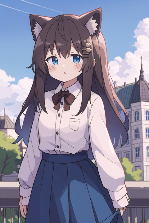  solo, 1girl, shirt, white shirt, animal ear fluff, outdoors, animal ears, long hair, :o, collared shirt, looking at viewer, blush, black hair, blue eyes, bangs, dress shirt, open clothes, sky, parted lips, cloud, day, cat ears, black skirt, hair ornament, hairclip, building, brown jacket, long sleeves, skirt