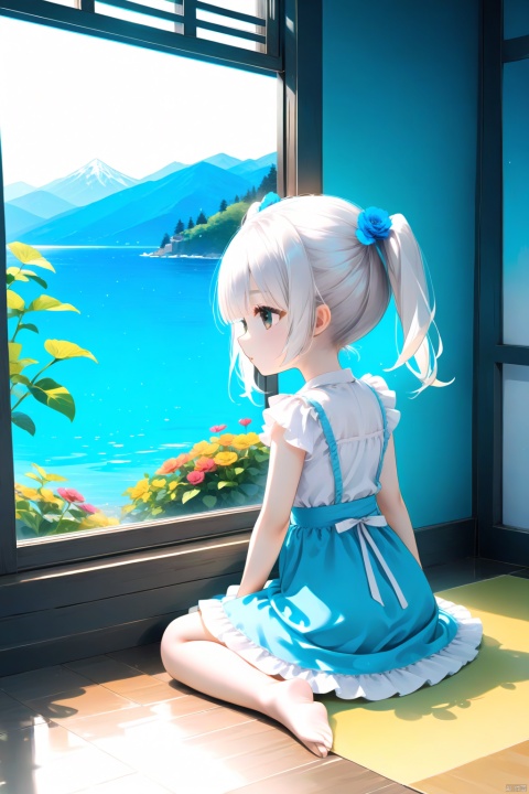 twintails,loli, 1 girl,child,loli,sitting,window,flower,tree,sea,mountain,floor,cowboy shot