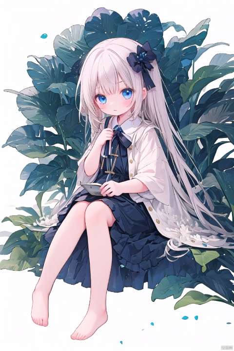  1girl, solo, barefoot, blue_eyes, sitting, white background 