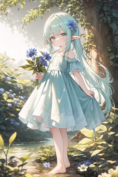 green theme,the setting sun,vines,forest,Chamomile,cornflower,lens flare,hdr,Tyndall effect,damp,wet,1girl,bare shoulders,Light blue eyes,Sparkling eyes,(White light green gradient hair:1),(Light green dress with patterns),(bare legs),(Stepping on the stream:1),(holding flower:1.2),barefoot,long pointy ears,nose blush,flat color,float,closed mouth,hair twirling,constel lation,flat color,standing,long hair,solo