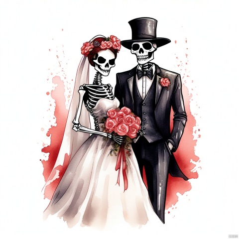 an eye-catching and humorous t-shirt design in a watercolor style, features a gothic skeleton couple dressed in wedding attire. The design should be centered and have a white background, with the image of the skeleton bride and groom being isolated and clearly defined