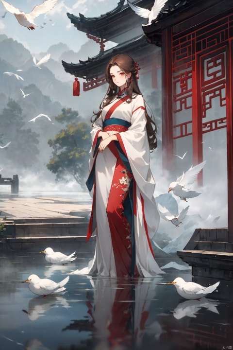  1girl, brown hair, long hair, There are clouds behind, (above ground), (water surface, reflection, surrounded by white birds), , blurry, (full body, wide shot, panorama), (grey background), (shining, fog),,, woman, China dress, cloud, Hanama wine