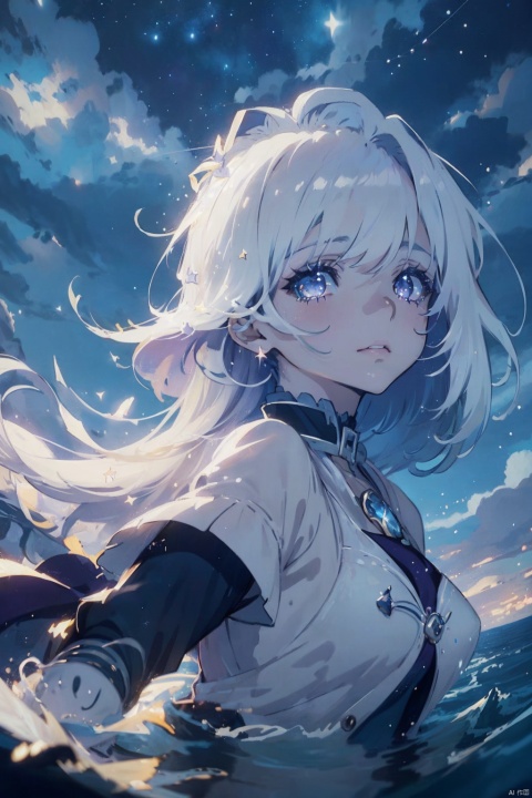  masterpiece, best quality, illustration, stars in the eyes,dishevelled hair,Starry sky adorns hair,1 girl,sparkling anime eyes,beautiful detailed eyes, beautiful detailed stars,blighting stars,emerging dark purple across with white hair,multicolored hair,beautiful detailed eyes,beautiful detailed sky, beautiful detailed water, cinematic lighting, dramatic angle,