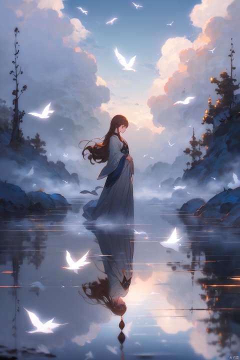  1girl, brown hair, long hair, There are clouds behind, (above ground), (water surface, reflection, surrounded by white birds), , blurry, (full body, wide shot, panorama), (grey background), (shining, fog),,, woman, China dress, cloud, Hanama wine