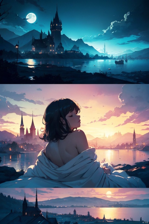  Double Exposure Style,Volumetric Lighting,arching her back,Traditional Attire,Artistic Calligraphy and Ink,light depth,dramatic atmospheric lighting,image combination,fantasy art,,(a blanket:1.3),a girl,black-hair, sleeping,looking a the moon,it is in a Witcher setting,lake and cityscape,ruined city,Fantasy,Back lighting,Colorful,Moon,dreamy magical atmosphere,1girl,