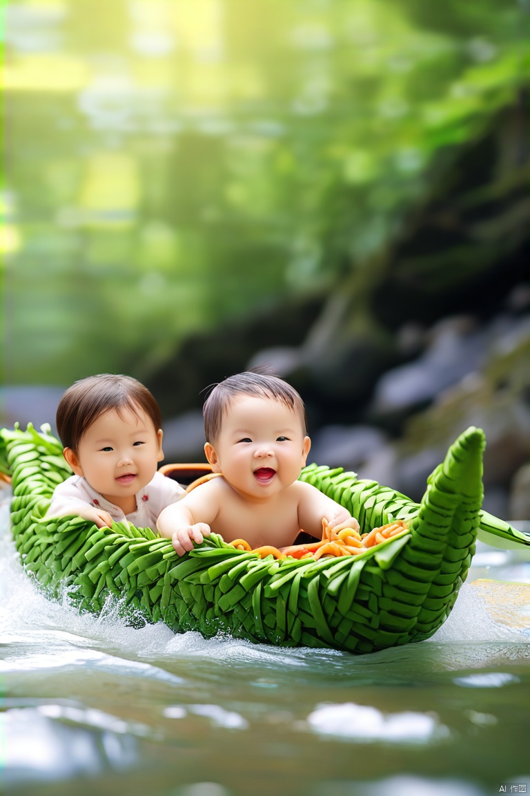 Food photography,micro landscape shooting,Vertical poster,close-up,dragon boat festival,A mountain made of glutinous rice,Ruo Ye,river made of rice dumpling leaves,Little baby paddling dragon boat in the river,national tide color,Cinematic,natural light,4d rendering,dreamlike,Ultra-realistic