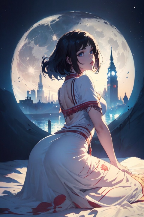  Double Exposure Style,Volumetric Lighting,arching her back,Traditional Attire,Artistic Calligraphy and Ink,light depth,dramatic atmospheric lighting,image combination,fantasy art,,(a blanket:1.3),a girl,black-hair,looking a the moon,it is in a Witcher setting,lake and cityscape,ruined city,Fantasy,Back lighting,Colorful,Moon,dreamy magical atmosphere,1girl,