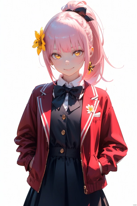  1petite loli, solo.pink hair, yellow eyes, hair flower, fipped hair, (red Jacket), high ponytail, white collared shirt, black dress, red bowtie;Frown, looking at viewer, hands in pockets, standing,((smile)).