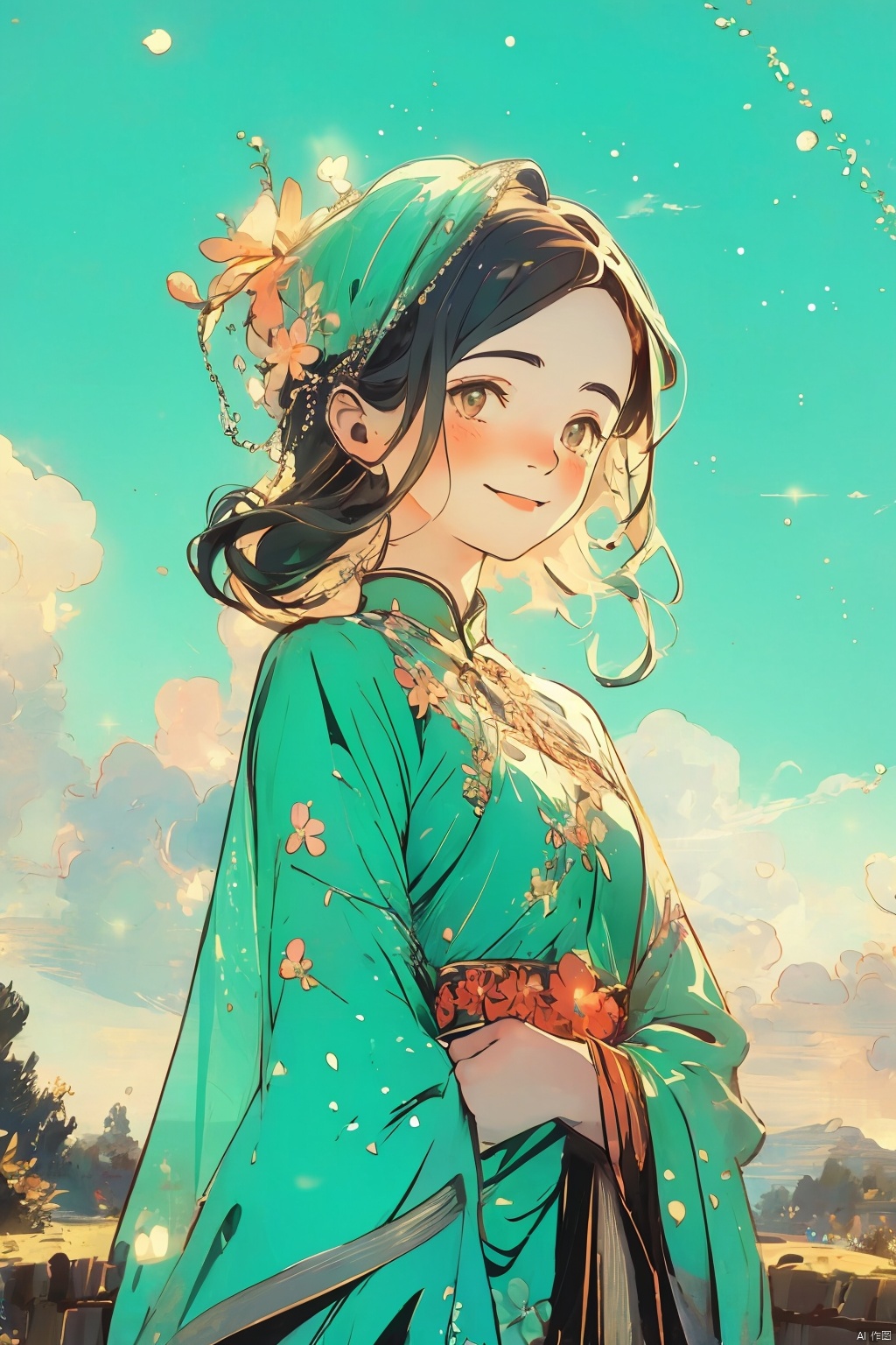 1girl, ancient Chinese clothing, riches, a smile, headwear, gems, fairy, satin, streamers, clouds, sunshine, light green background, masterpieces, monochrome, CX, 2.5D