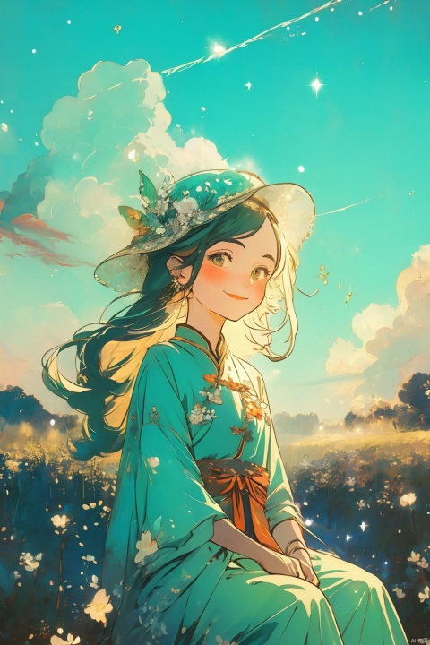 1girl, ancient Chinese clothing, riches, a smile, headwear, gems, fairy, satin, streamers, clouds, sunshine, light green background, masterpieces, monochrome, CX, 2.5D