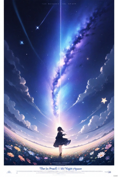 (Best quality), (masterpiece), (detailed details), movie poster, the rendered night sky is full of mystery and magic, as if in the distant space. Bright stars, or dense or sparse, like a pearl inlaid on the sky. The sky is full of flowers, cute and detailed digital art, and anime illustrations