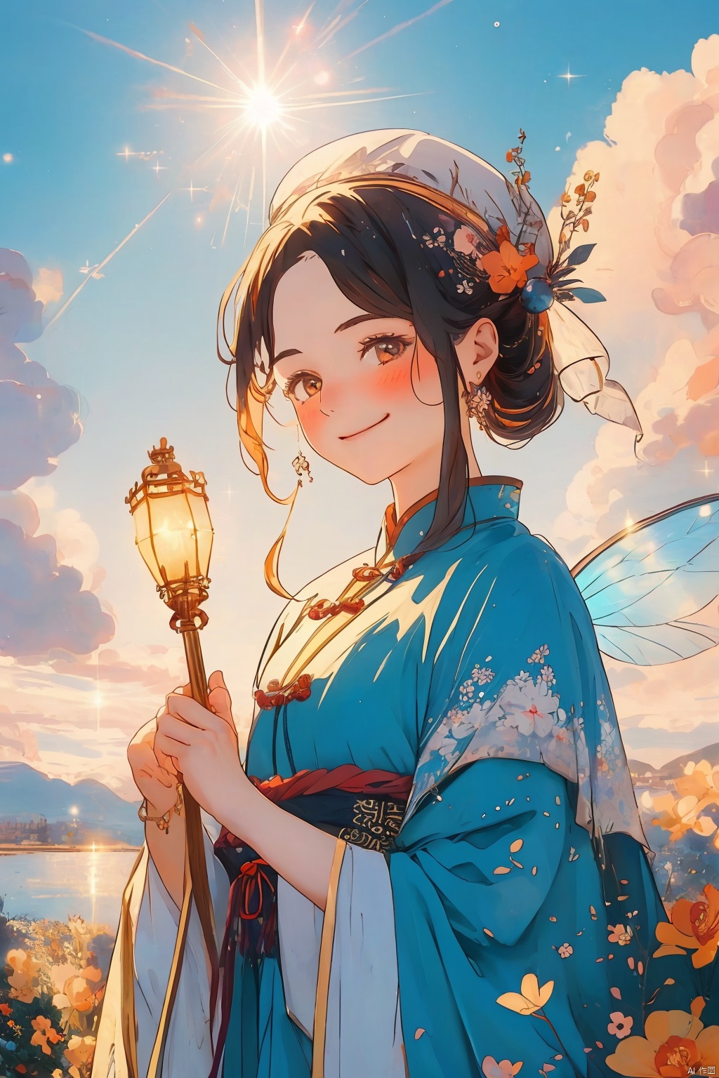 1girl, ancient Chinese clothing, riches, a smile, headwear, gems, fairy, satin, streamers, clouds, sunshine, light background, masterpieces, CX, 2.5D