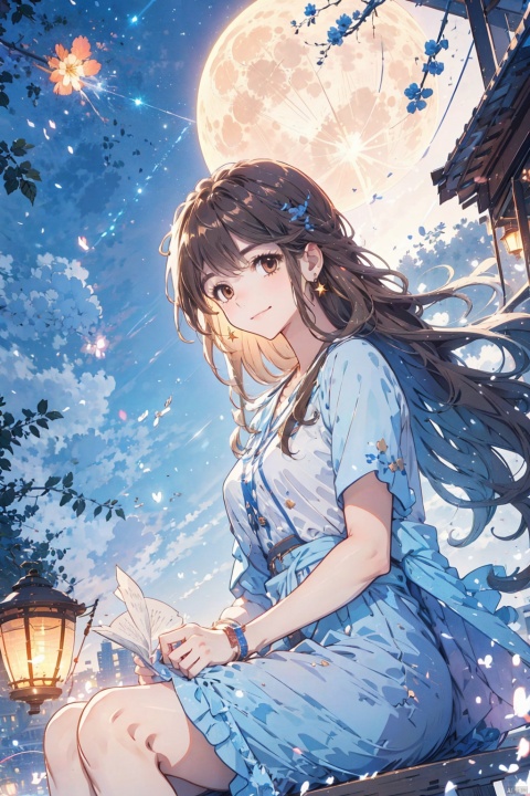  1girl, aerial_fireworks, bangs, brown_eyes, brown_hair, building, city, city_lights, cityscape, closed_mouth, earrings, fireworks, full_moon, holding, jewelry, lamppost, lantern, long_hair, looking_at_viewer, moon, night, night_sky, outdoors, paper_lantern, shooting_star, short_sleeves, sitting, sky, skyline, skyscraper, smile, solo, star_\(sky\), starry_sky, tanabata, tanzaku, yeqinxian