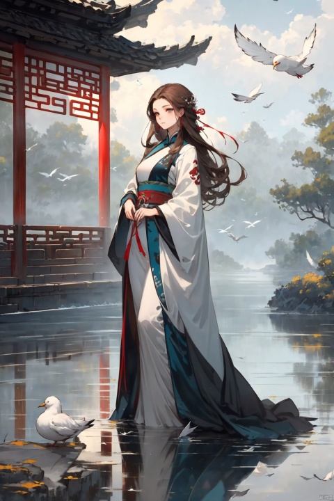  1girl, brown hair, long hair, There are clouds behind, (above ground), (water surface, reflection, surrounded by white birds), , blurry, (full body, wide shot, panorama), (grey background), (shining, fog),,, woman, China dress, cloud, Hanama wine