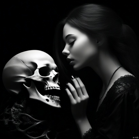 an image of a woman kissing a skull, in the style of andreas rocha, gothic references, strong sense of realism, grayscale, black and white portraits,black background