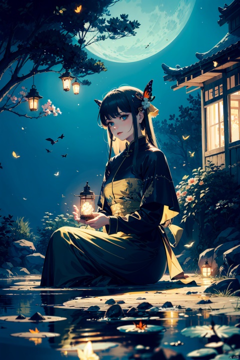  best quality, masterpiece, photo realistic,highly detailed, fashion photography,(a girl sitting on seawater:1.1), (seawater:1.1), reflection in water, lantern, (bonsai:1.1), (firefly: 1.4), insects, purist, esoteric,occult, geometric,(night:1.1), (gold/black theme:1.2),nature, dress, flowers,butterfly,girl, Aesthetic Background,sen,plan,flowers,tree,guanyin,bj_Devil_angel,flower,machinery,fairy tale girl,vortex,Chinese style,nvshen,ghostdom,Night scene,Colorful portraits,baihuaniang,evil ghost,1 girl