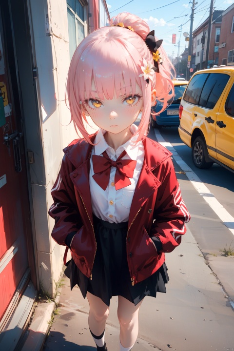  1petite loli, solo.pink hair, yellow eyes, hair flower, fipped hair, (red Jacket), high ponytail, white collared shirt, black dress, red bowtie;Frown, looking at viewer, hands in pockets, standing.