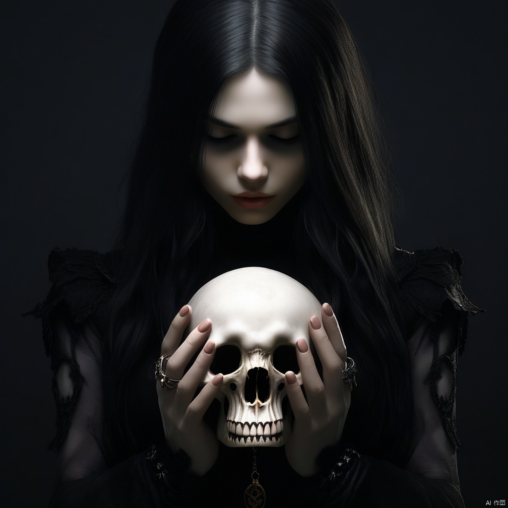 Gothic girl holding the skull with both hands,face the skull,profile,realistic
