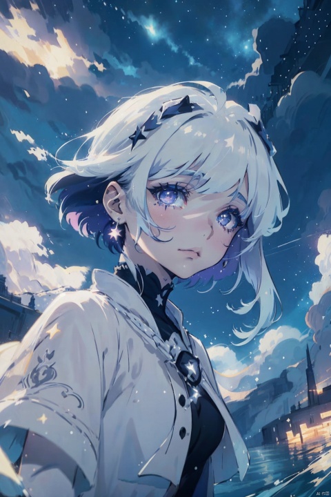  masterpiece, best quality, illustration, stars in the eyes,dishevelled hair,Starry sky adorns hair,1 girl,sparkling anime eyes,beautiful detailed eyes, beautiful detailed stars,blighting stars,emerging dark purple across with white hair,multicolored hair,beautiful detailed eyes,beautiful detailed sky, beautiful detailed water, cinematic lighting, dramatic angle,