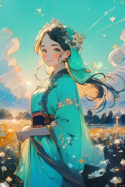 1girl, ancient Chinese clothing, riches, a smile, headwear, gems, fairy, satin, streamers, clouds, sunshine, light green background, masterpieces, monochrome, CX, 2.5D