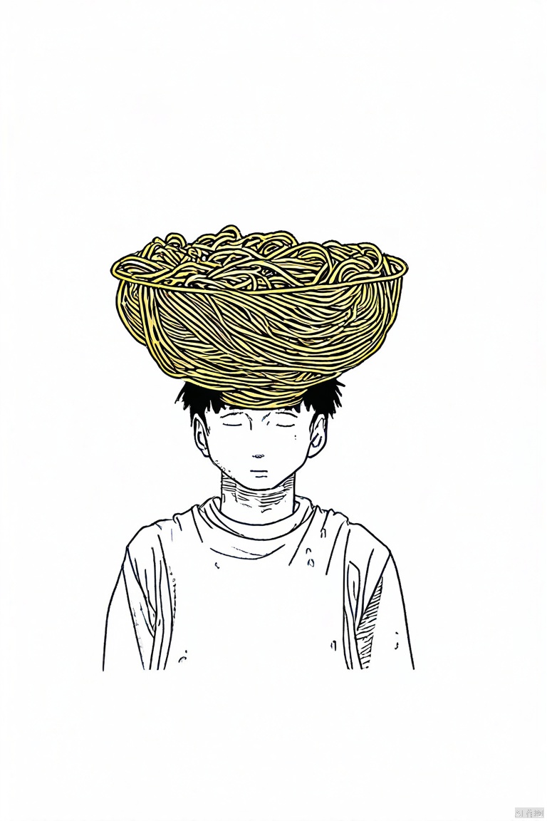 an image of a person with a bowl of noodles as their head, The style is to be abstract and geometric