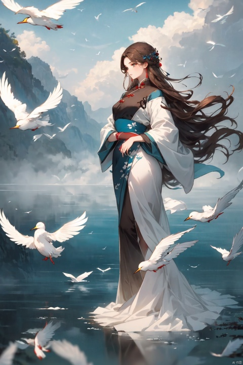  1girl, brown hair, long hair, There are clouds behind, (above ground), (water surface, reflection, surrounded by white birds), , blurry, (full body, wide shot, panorama), (grey background), (shining, fog),,, woman, China dress, cloud, Hanama wine