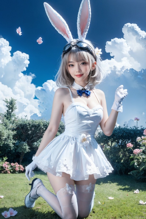 Outdoor lawn,tutututu,1girl,solo,rabbit ears,white dress,white gloves,white thighhighs,blue footwear,goggles on head,sleeveless dress,bangs,blue bow,white hair,short hair,,masterpiece,best quality,1girl,(colorful),(finely detailed beautiful eyes and detailed face),cinematic lighting,bust shot,extremely detailed CG unity 8k wallpaper,((flying petal)),(Flowery meadow),sky,cloudy_sky,building,moonlight,moon,night,(dark theme:1.3),light,fantasy, rabbit ears,