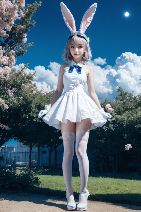  Outdoor lawn,tutututu,1girl,solo,rabbit ears,white dress,white gloves,white thighhighs,blue footwear,goggles on head,sleeveless dress,bangs,blue bow,white hair,short hair,,masterpiece,best quality,1girl,(colorful),(finely detailed beautiful eyes and detailed face),cinematic lighting,bust shot,extremely detailed CG unity 8k wallpaper,((flying petal)),(Flowery meadow),sky,cloudy_sky,building,moonlight,moon,night,(dark theme:1.3),light,fantasy, rabbit ears, 
