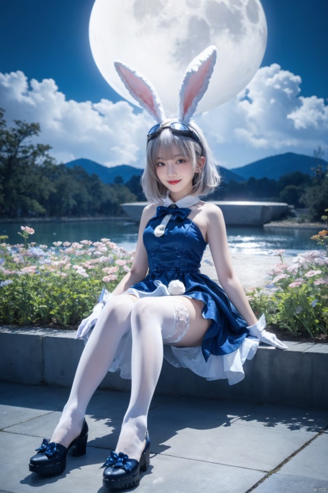  Outdoor lawn,tutututu,1girl,solo,rabbit ears,white dress,white gloves,white thighhighs,blue footwear,goggles on head,sleeveless dress,bangs,blue bow,white hair,short hair,,masterpiece,best quality,1girl,(colorful),(finely detailed beautiful eyes and detailed face),cinematic lighting,bust shot,extremely detailed CG unity 8k wallpaper,((flying petal)),(Flowery meadow),sky,cloudy_sky,building,moonlight,moon,night,(dark theme:1.3),light,fantasy, rabbit ears, child, 1girl