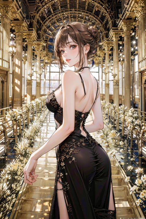 Realistic,with rich details,(((masterpiece))),best quality,Correct scale,masterpiece,best quality,ultimate detail,illustrations,ultra high definition,ultra detail,8k resolution,ultra high resolution,best image quality,high detail,master's masterpiece,2girl,solo,ass,brown hair,realistic,see-through,transparent | tulle fabric,
artist name,bare shoulders,dress,single hair bun,curtains,standing,cowboy shot,breasts,exquisite facial features,
