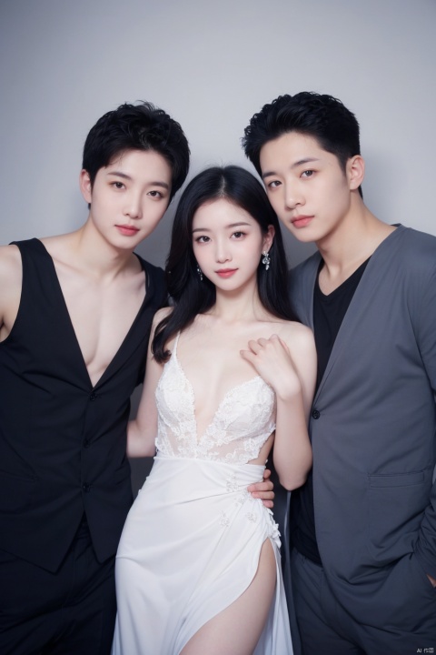  Cute, pretty, sexy, revealing, beautiful,1 girl surrounded by 2 boys in the middle, Gown,